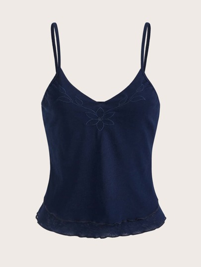 Hippie Top de tirantes con bordado floral ribete en forma de lechuga