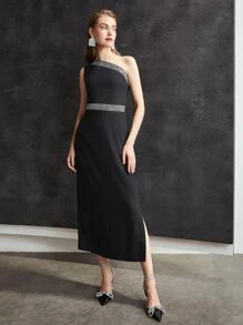 MOTF PREMIUM RHINESTONE EMBELLISHED ONE SHOULDER DRESS - Black - View 7