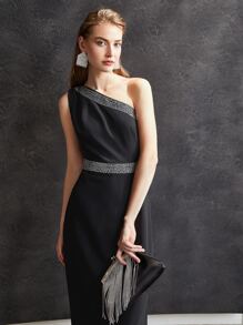 MOTF PREMIUM RHINESTONE EMBELLISHED ONE SHOULDER DRESS - Black - View 8