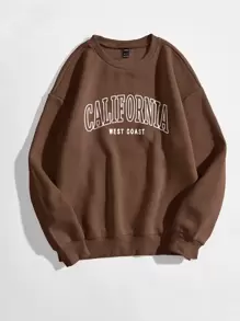 SHEIN Unity Letter Graphic Drop Shoulder Thermal Pullover - Coffee Brown - View 1