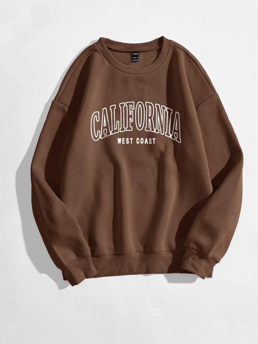 SHEIN Unity Letter Graphic Drop Shoulder Thermal Pullover - Coffee Brown - View 1