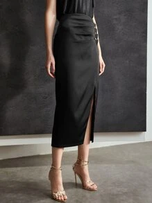 MOTF PREMIUM GATHERED SPLIT THIGH SKIRT - Black - View 7