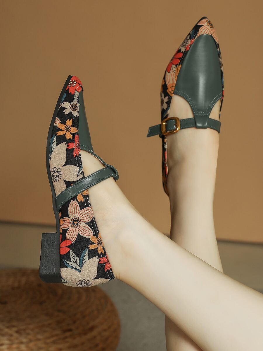 Floral Pattern Point Toe Mary Jane Flats - Multicolor - View 1