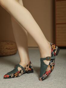 Floral Pattern Point Toe Mary Jane Flats - Multicolor - View 2