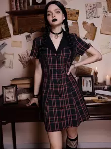 ROMWE Academia Tartan Button Front Dress - Multicolor - View 1