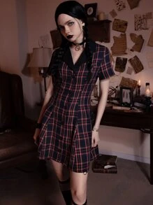 ROMWE Academia Tartan Button Front Dress - Multicolor - View 2