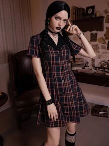 ROMWE Academia Tartan Button Front Dress - Multicolor - View 3