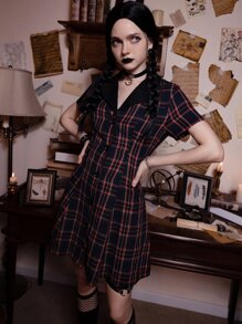 ROMWE Academia Tartan Button Front Dress - Multicolor - View 4