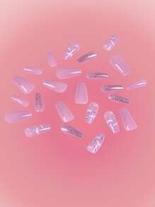 ROMWE 24 piezas Uña postiza largo ataúd con diseño de diamante de imitación & 1 hoja cinta - Rosa - Ver 2