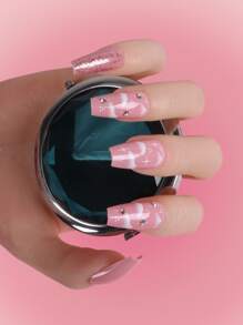 ROMWE 24 piezas Uña postiza largo ataúd con diseño de diamante de imitación & 1 hoja cinta - Rosa - Ver 6