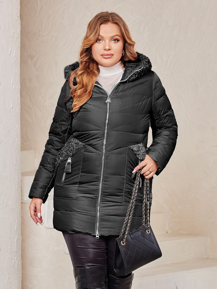 Plus Teddy Panel Zip Up Pocket Side Hooded Padded Coat - Black - View 1