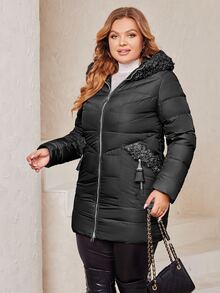 Plus Teddy Panel Zip Up Pocket Side Hooded Padded Coat - Black - View 3