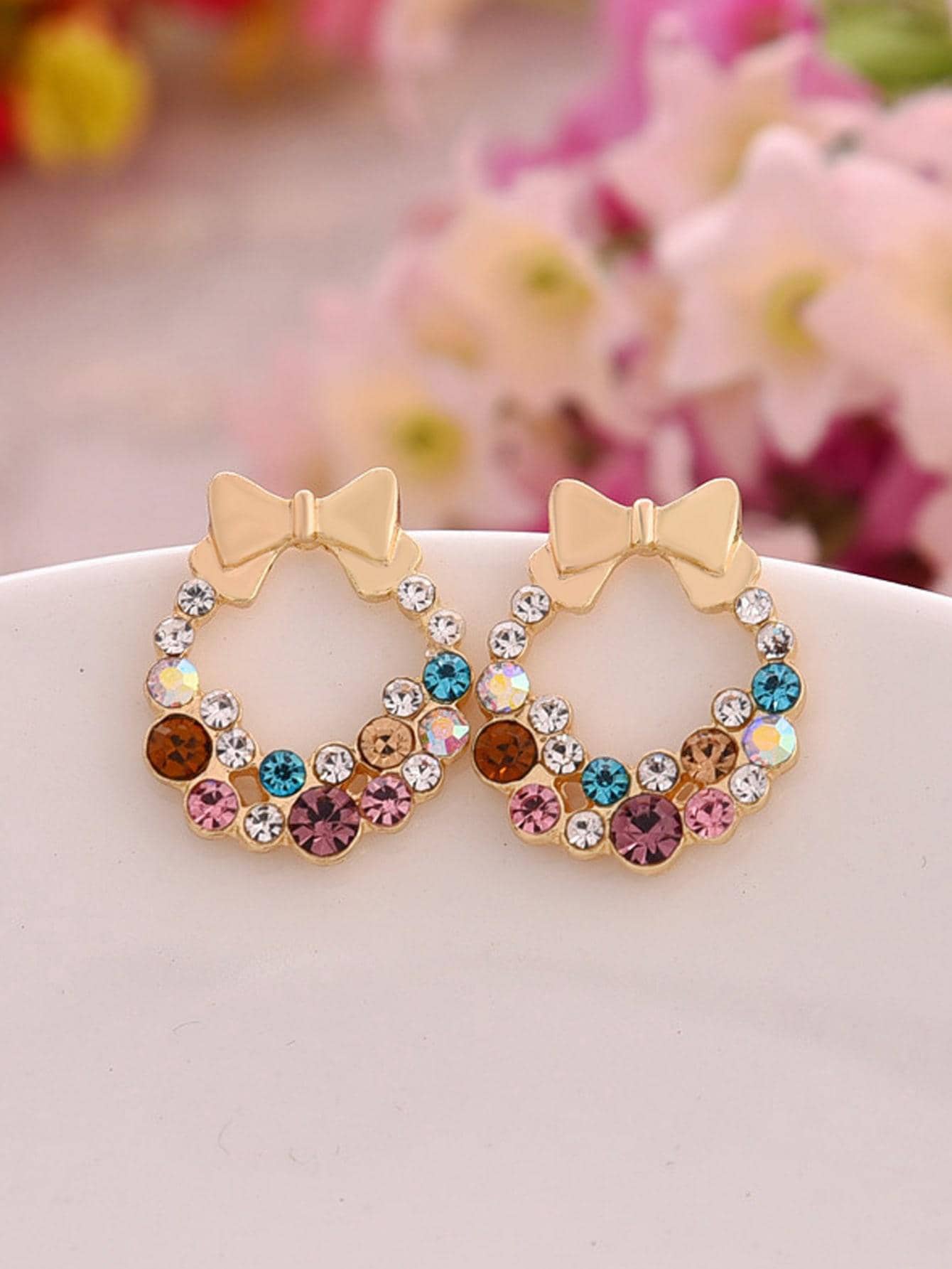 水钻与蝴蝶结装饰耳钉情人节款 - 彩色 - 查看 1