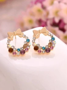 水钻与蝴蝶结装饰耳钉情人节款 - 彩色 - 查看 3