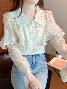 Polka Dot Ruffle Trim Button Through Shirt - Beige - View 6