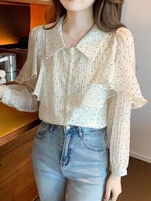 Polka Dot Ruffle Trim Button Through Shirt - Beige - View 5