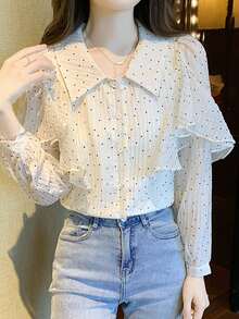 Polka Dot Ruffle Trim Button Through Shirt - Beige - View 4