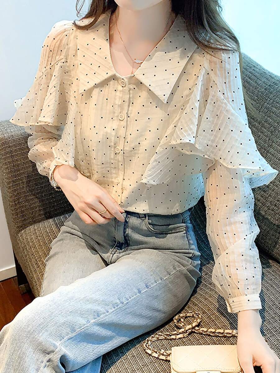 Polka Dot Ruffle Trim Button Through Shirt - Beige - View 1