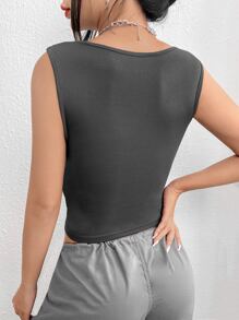 SHEIN EZwear 素色褶邊短款背心 - 深灰色 - 查看 2
