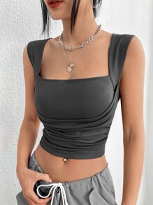 SHEIN EZwear 素色褶邊短款背心 - 深灰色 - 查看 4