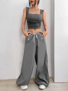 SHEIN EZwear 素色褶邊短款背心 - 深灰色 - 查看 5