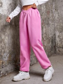 SHEIN Coolane Pantalones deportivos unicolor de cintura elástica - Rosa - Ver 3
