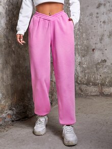 SHEIN Coolane Pantalones deportivos unicolor de cintura elástica - Rosa - Ver 4