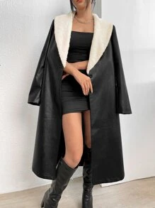 SHEIN BAE Shawl Collar Contrast Teddy PU Leather Coat - Black - View 1