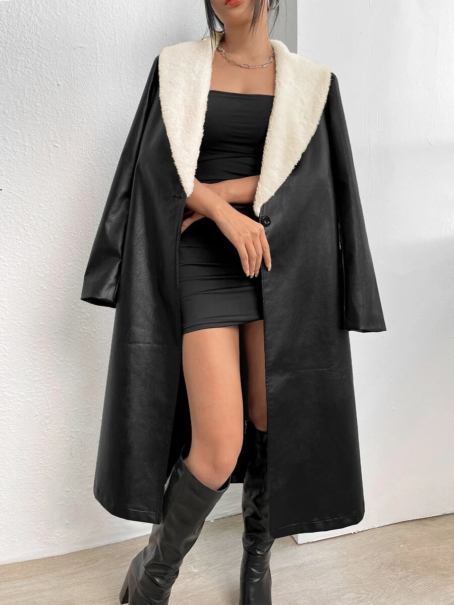 SHEIN BAE Shawl Collar Contrast Teddy PU Leather Coat - Black - View 1