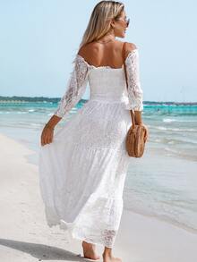 Off Shoulder Flounce Sleeve Ruffle Hem Dress - White - View 2