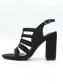 Minimalist Chunky Heeled Faux Suede Slingback Sandals - Black - View 3