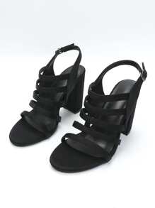Minimalist Chunky Heeled Faux Suede Slingback Sandals - Black - View 4