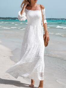 Off Shoulder Flounce Sleeve Ruffle Hem Dress - White - View 4