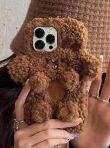 3D Dog Design Fluffy Phone Case - Mocha Brown - View 3