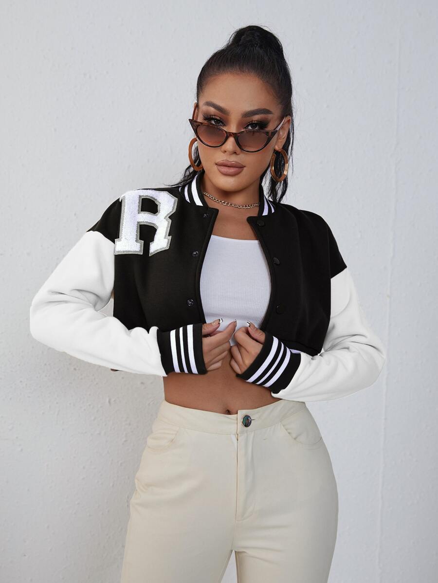 SHEIN Unity Letter Patched Striped Trim Drop Shoulder Crop Varsity Jacket - Black and White - View 1
