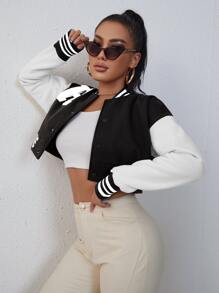 SHEIN Unity Letter Patched Striped Trim Drop Shoulder Crop Varsity Jacket - Black and White - View 3