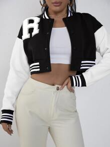 SHEIN Unity Letter Patched Striped Trim Drop Shoulder Crop Varsity Jacket - Black and White - View 5