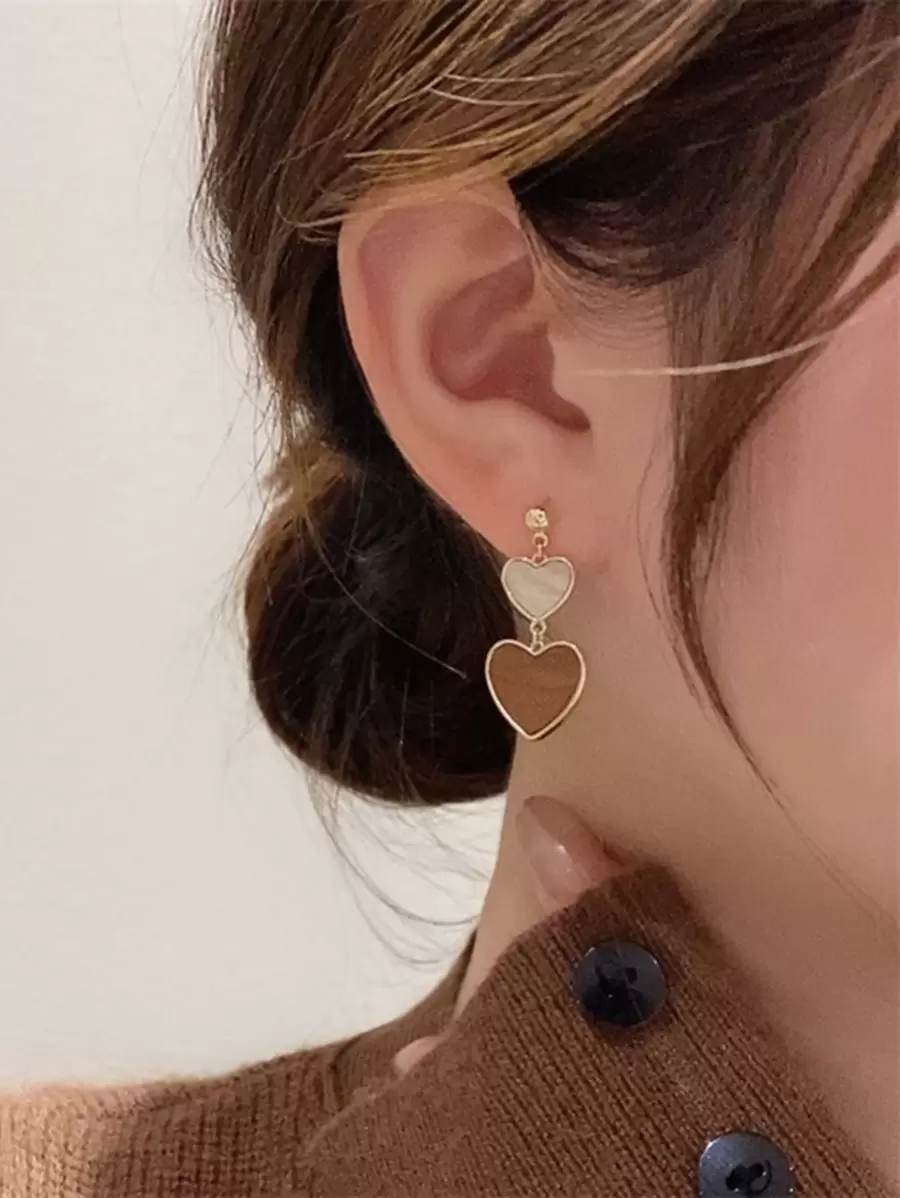 Heart Drop Earrings - Brown - View 1