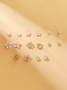 8pairs Flower & Faux Pearl Design Stud Earrings Valentines,Mom,Mother,Mother's Day,Gift