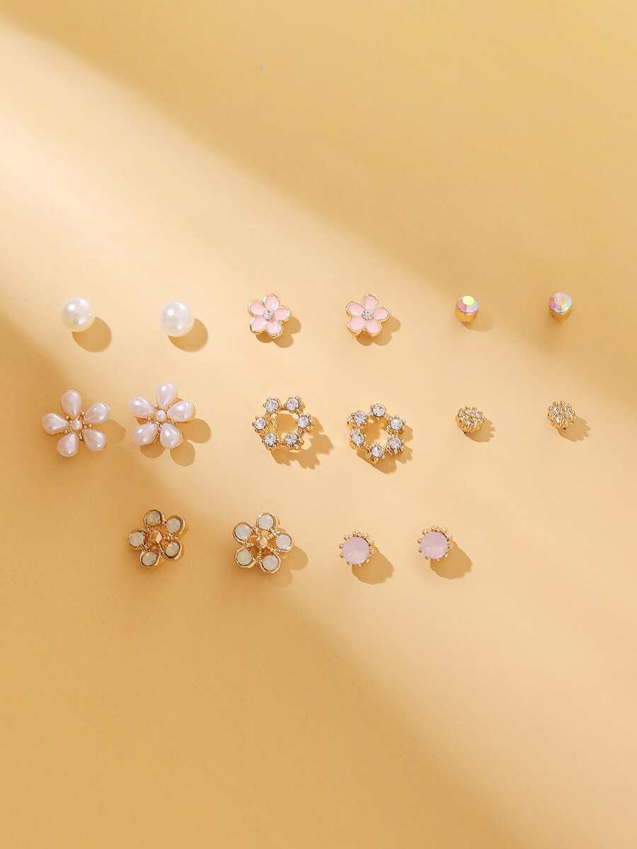8pairs Flower & Faux Pearl Design Stud Earrings Valentines,Mom,Mother,Mother's Day,Gift