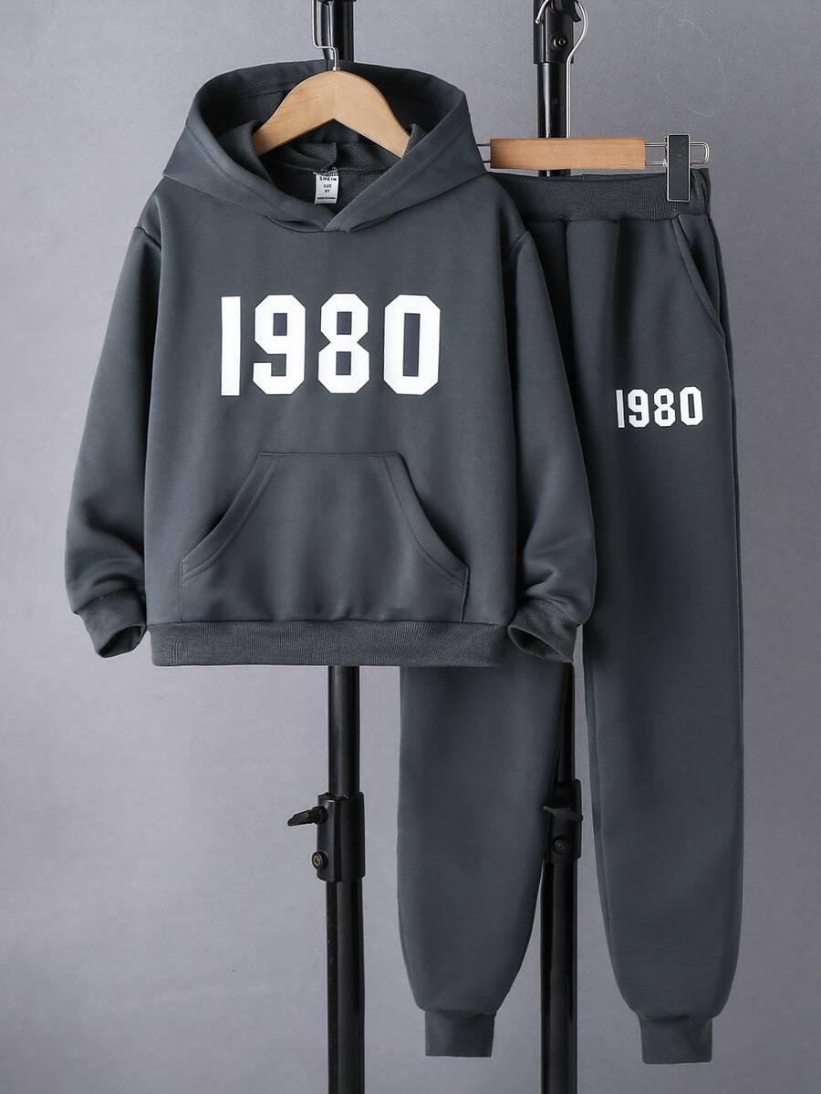 女孩字母圖案袋鼠口袋連帽衫和運動褲 - 深灰色 - 查看 1