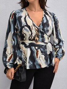 SHEIN Clasi Plus Allover Print Lantern Sleeve Belted Blouse - Multicolor - View 3