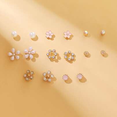 8 对花朵和人造珍珠设计耳钉情人节、妈妈、母亲、母亲节、礼物