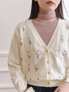 Simple Retro Floral Embroidery Drop Shoulder Pointelle Knit Cardigan - White - View 3
