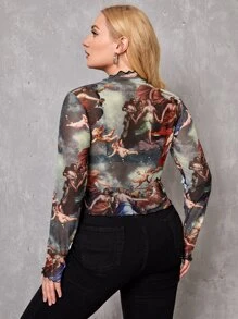 SHEIN Privé 大碼人像圖案木耳邊網紗上衣 - 彩色 - 查看 2