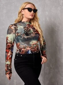 SHEIN Privé 大碼人像圖案木耳邊網紗上衣 - 彩色 - 查看 4