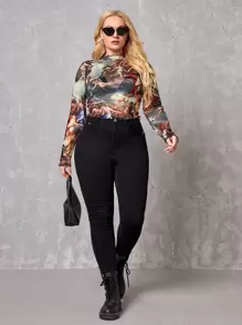 SHEIN Privé 大碼人像圖案木耳邊網紗上衣 - 彩色 - 查看 5