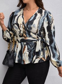 SHEIN Clasi Plus Allover Print Lantern Sleeve Belted Blouse - Multicolor - View 5