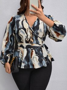 SHEIN Clasi Plus Allover Print Lantern Sleeve Belted Blouse - Multicolor - View 6