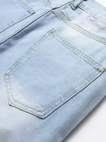 男士卡通字母拼贴破洞修身直筒牛仔裤 - 淺色水洗藍 - 查看 3